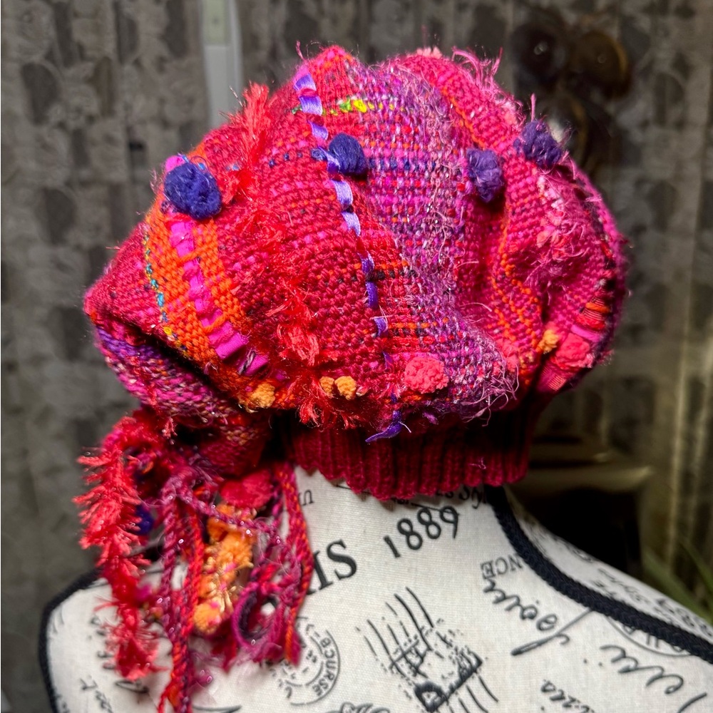 Hand Dyed, Spun and Woven Pink and Red Hat with Fluffy Texture